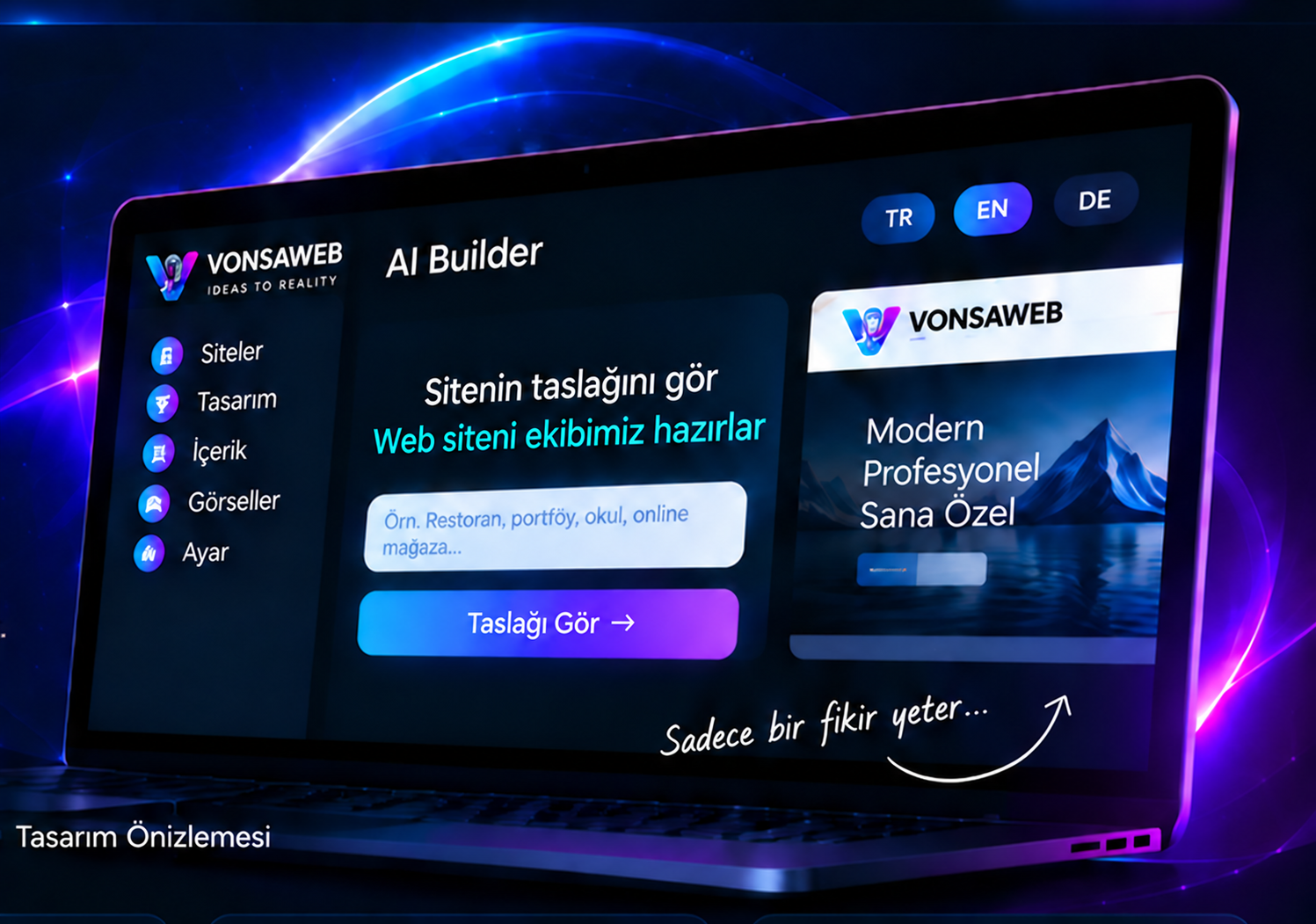 Sitenin taslağını gösteren VONSAWEB AI Builder dizüstü bilgisayar önizlemesi